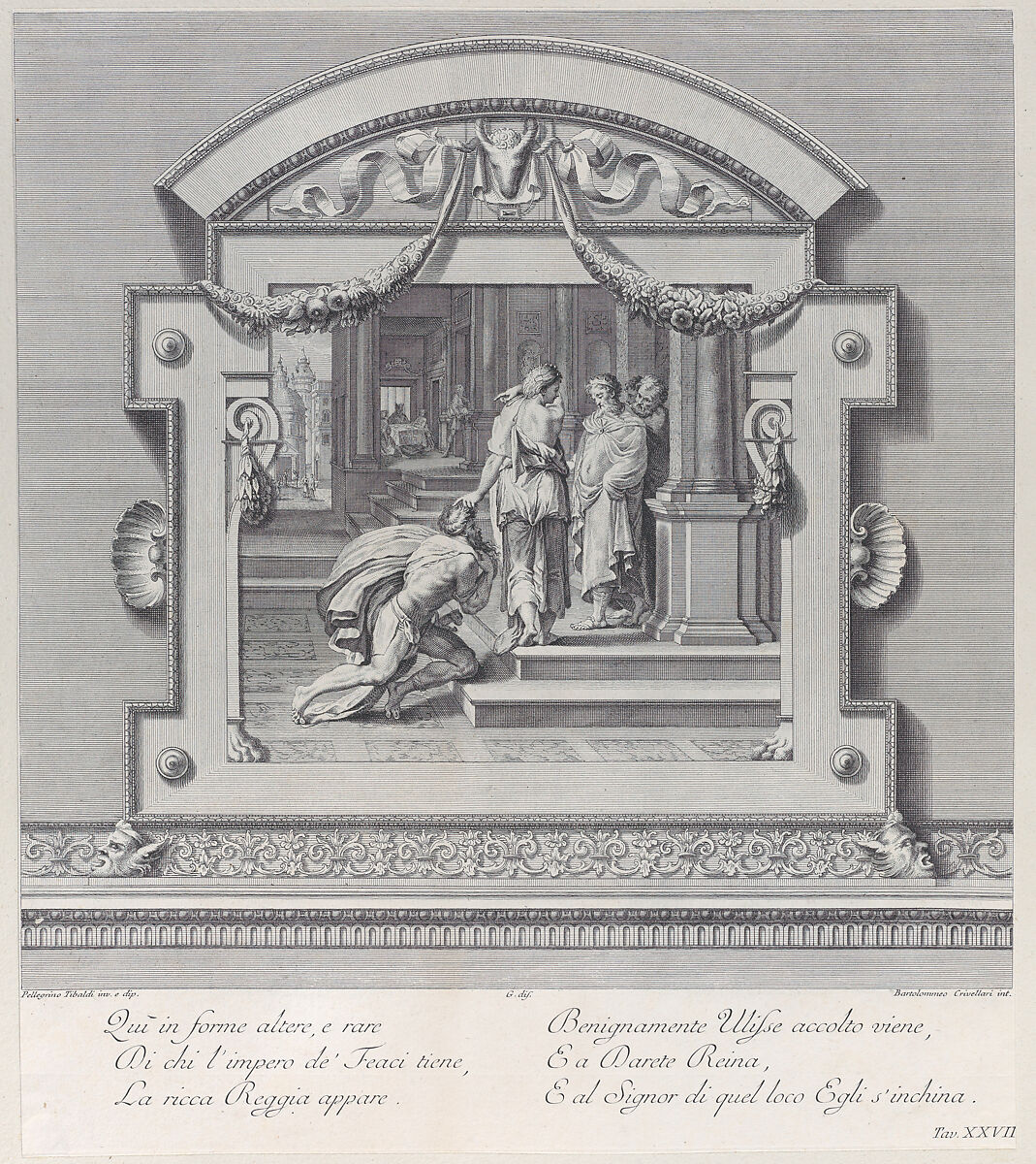 Plate 27: Ulysses  received by Alcinous king of Phoeacia and his Queen Areta after his shipwreck, Bartolomeo Crivellari (Italian, active 18th century), Etching and engraving 