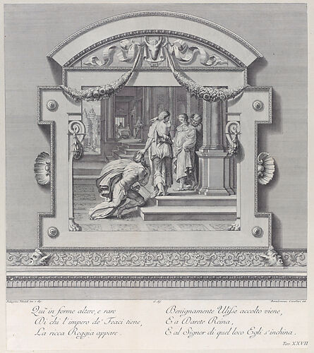 Plate 27: Ulysses  received by Alcinous king of Phoeacia and his Queen Areta after his shipwreck
