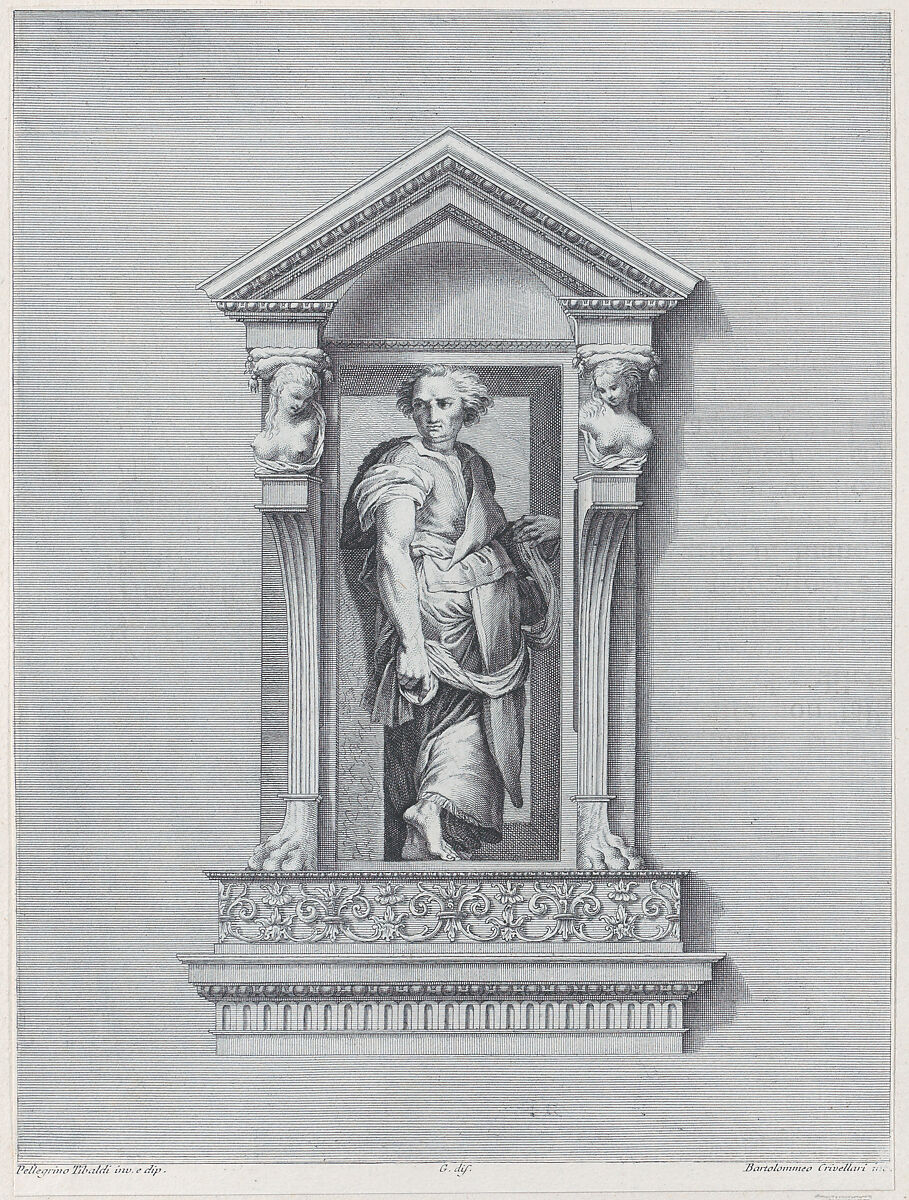 A standing man in a niche looking toward the left, Bartolomeo Crivellari (Italian, active 18th century), Etching and engraving 