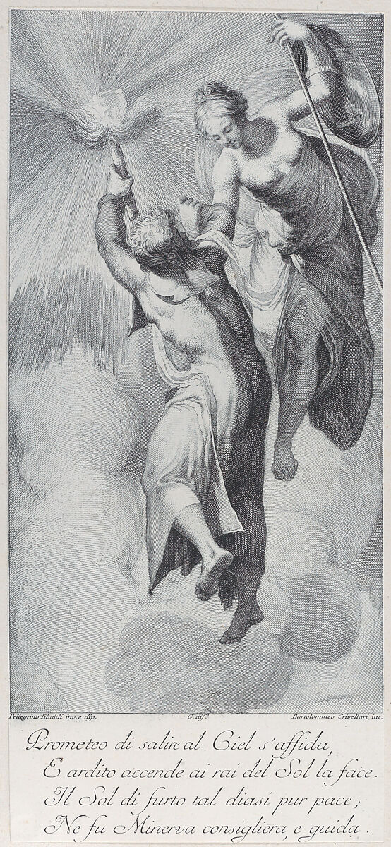 Minerva assisting Prometheus as he attempts to scale the heavens, Bartolomeo Crivellari (Italian, active 18th century), Etching and engraving 