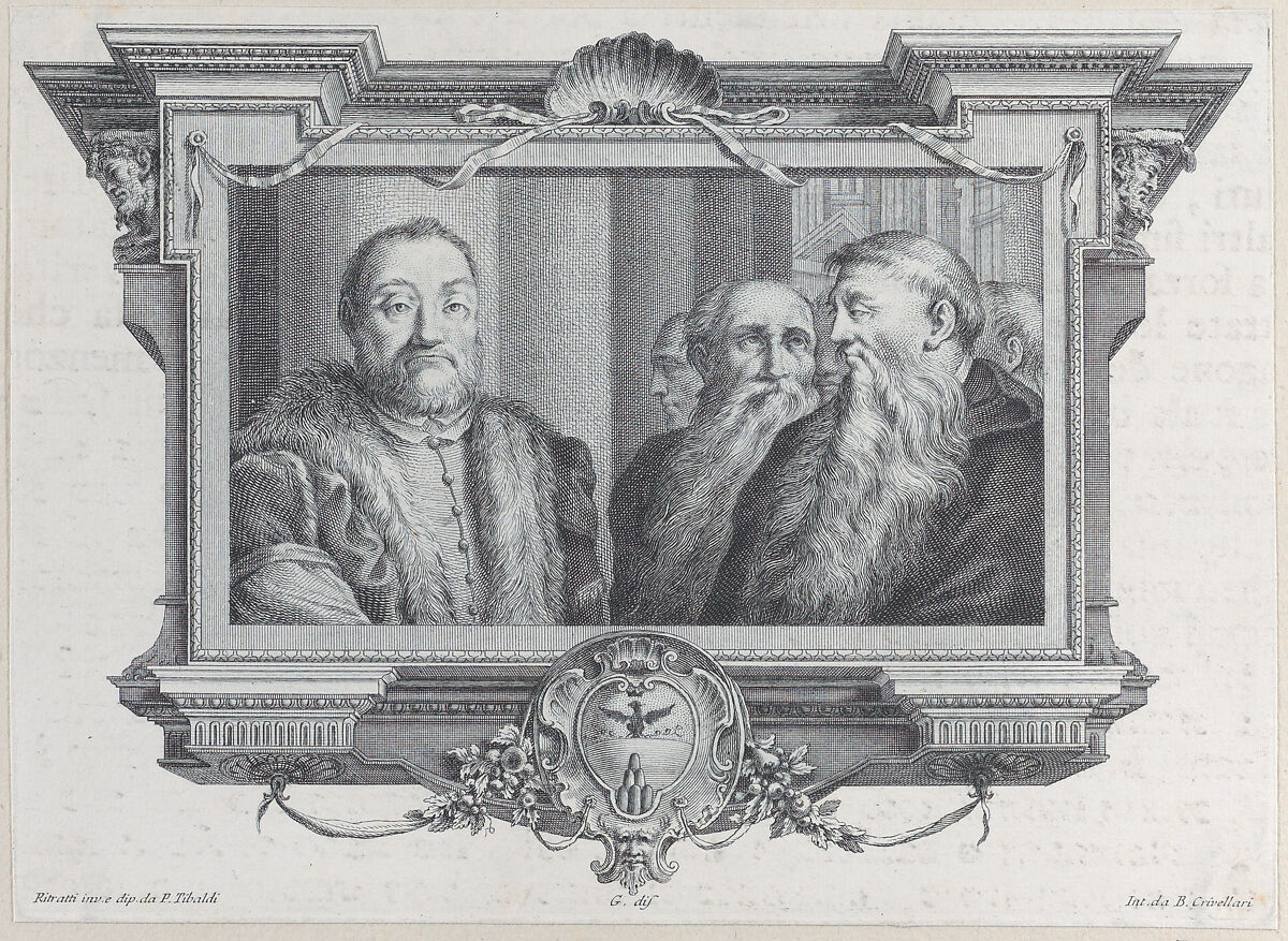 Three bearded men, one wearing fur, Bartolomeo Crivellari (Italian, active 18th century), Etching and engraving 