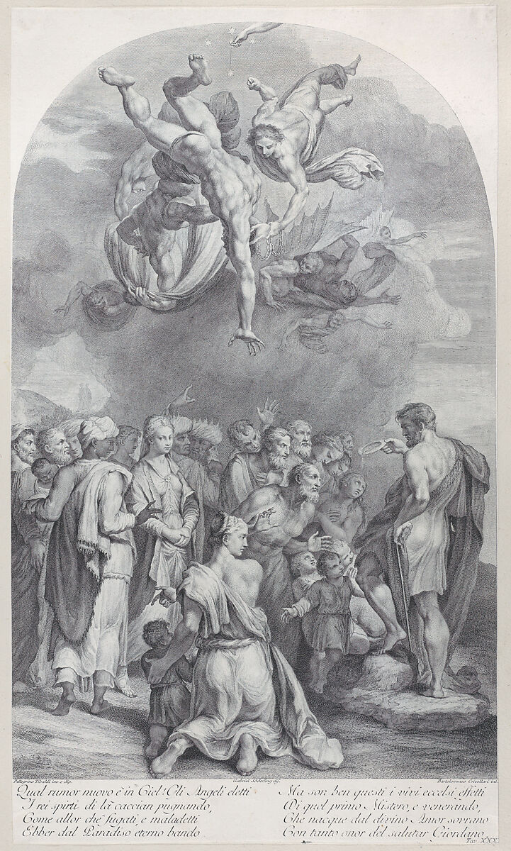 Plate 41: Saint John the Baptist preaching to a large crowd and baptizing children, Bartolomeo Crivellari (Italian, active 18th century), Etching and engraving 
