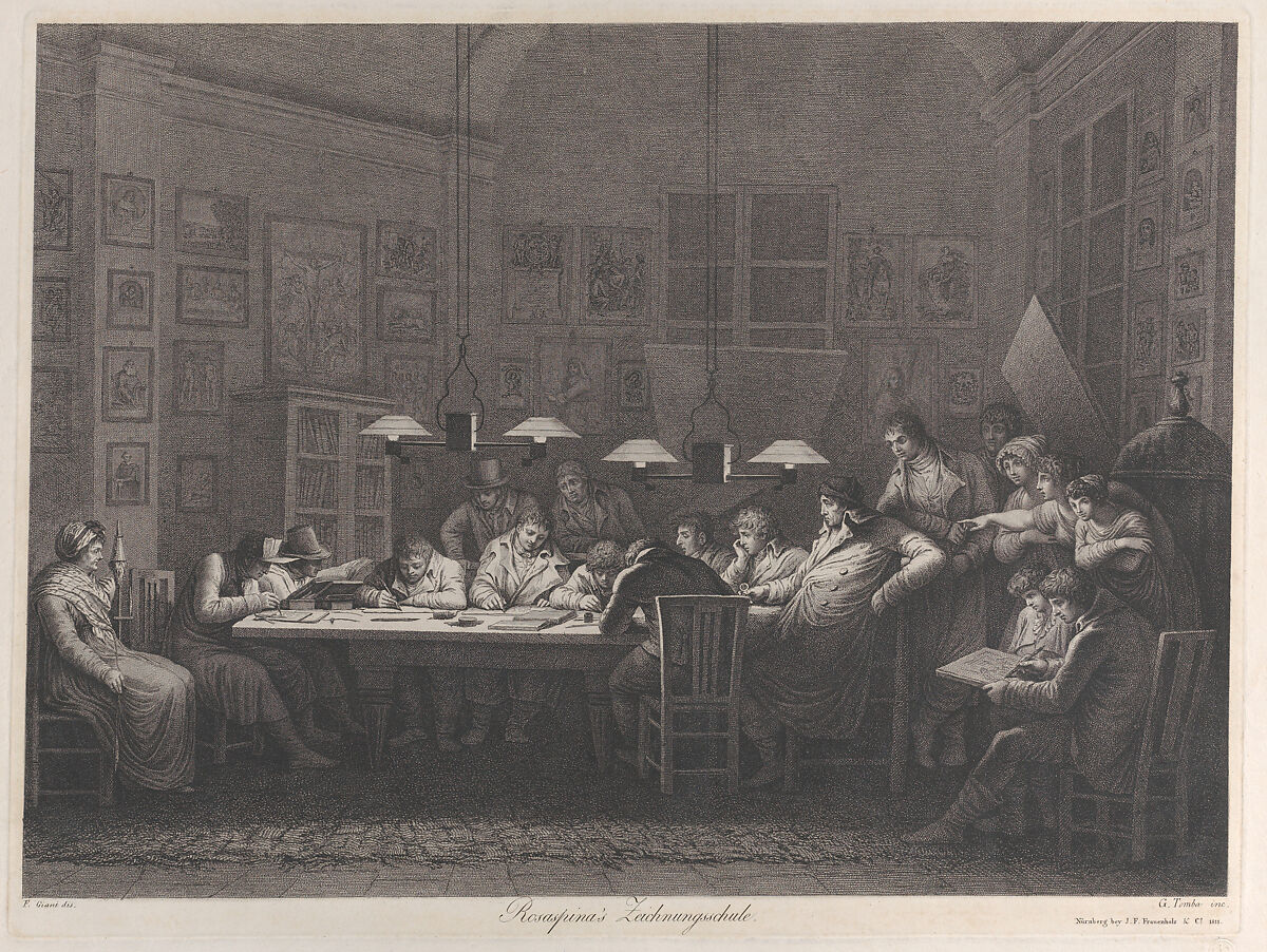 Rosaspina's drawing academy: class of students sketching seated around a table with Rosaspina at the end of the table with women and other spectators, Giulio Tomba (Italian, ca. 1780–1841), Etching and engraving 