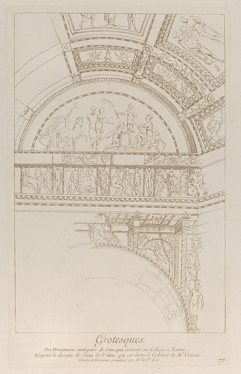 Grotesques: detail of the stucco reliefs decorating the Colosseum in Rome, Anne Claude Philippe de Tubières, comte de Caylus (French, Paris 1692–1765 Paris), Etching 