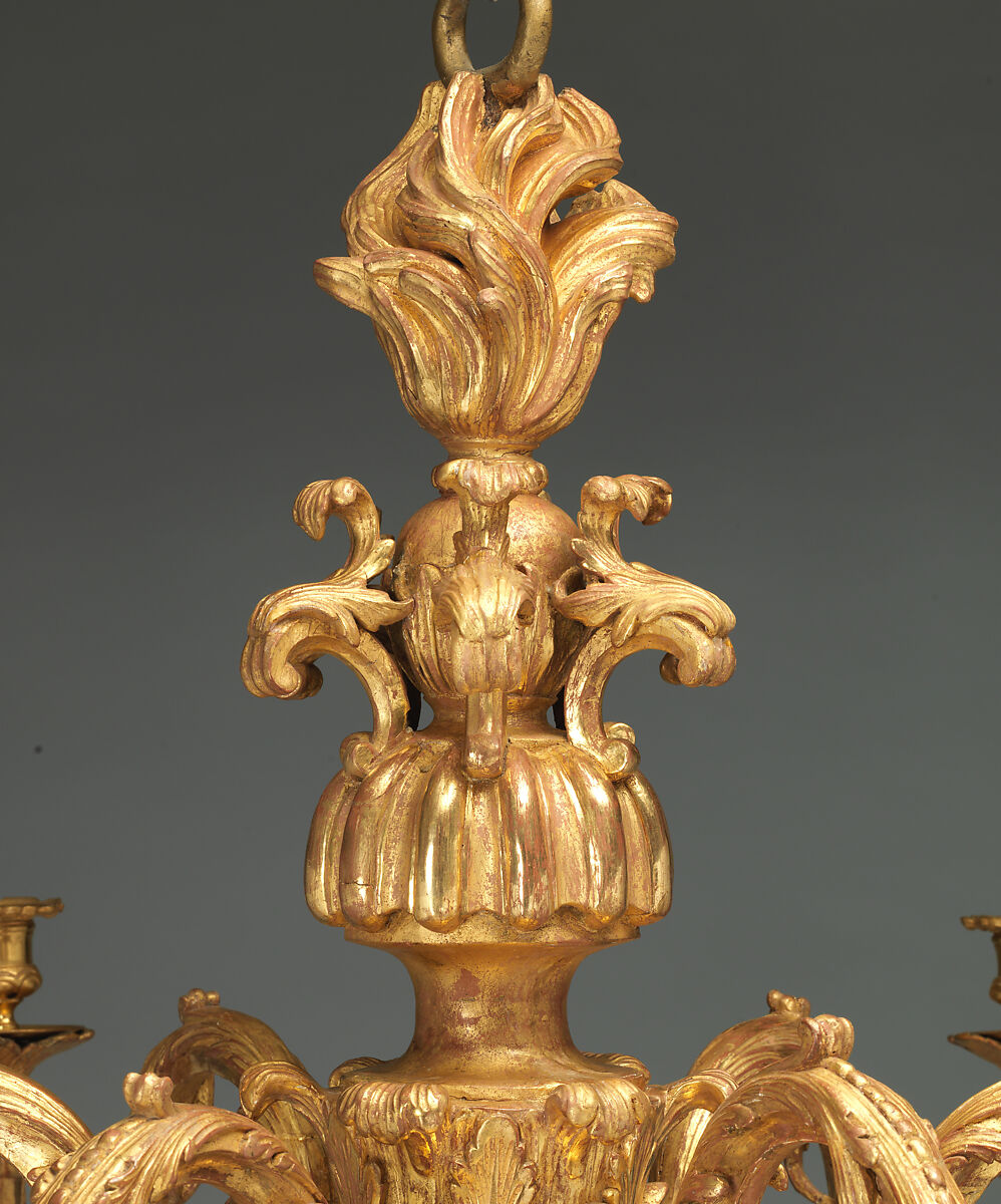 Six-branch chandelier (one of a pair), Gilded wood, gesso, gilt-bronze candle sockets, British