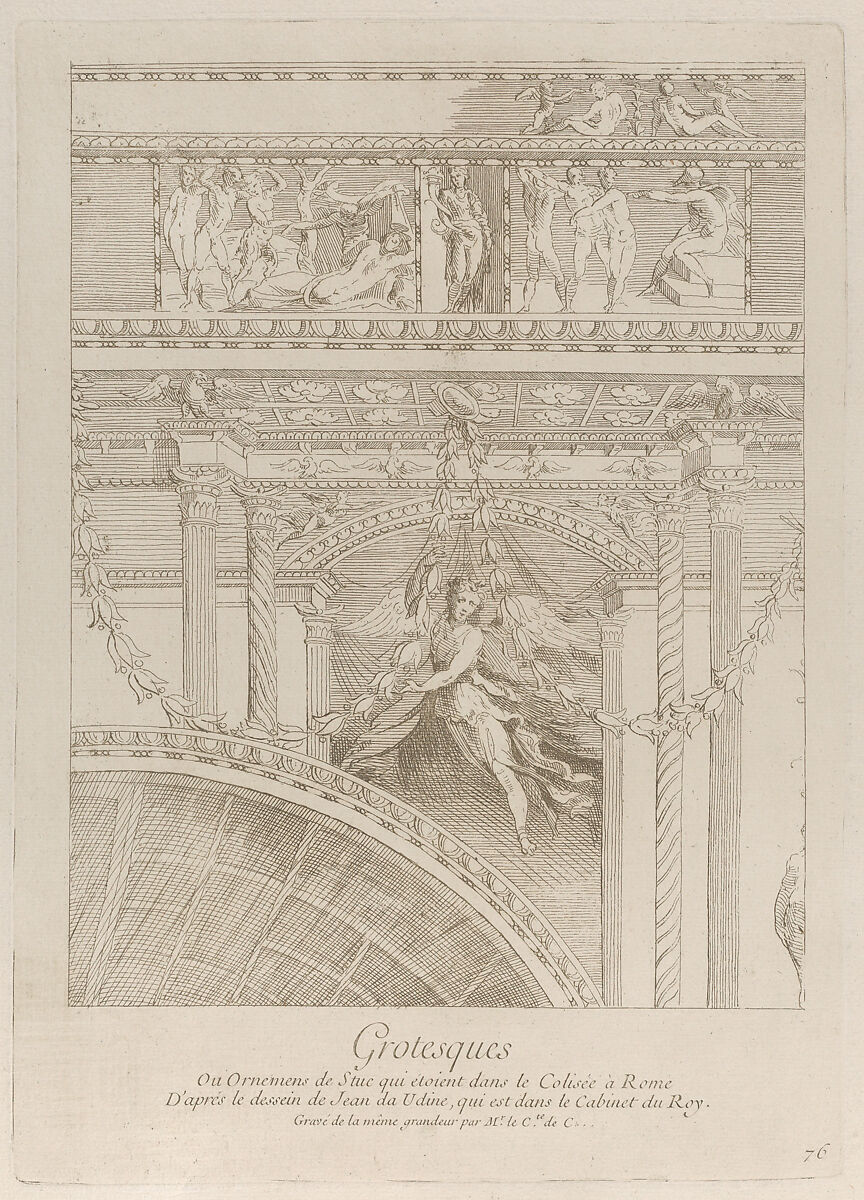 Grotesques: detail of the stucco reliefs decorating the Colosseum in Rome, with a winged figure hovering between two pairs of columns, Anne Claude Philippe de Tubières, comte de Caylus (French, Paris 1692–1765 Paris), Etching 