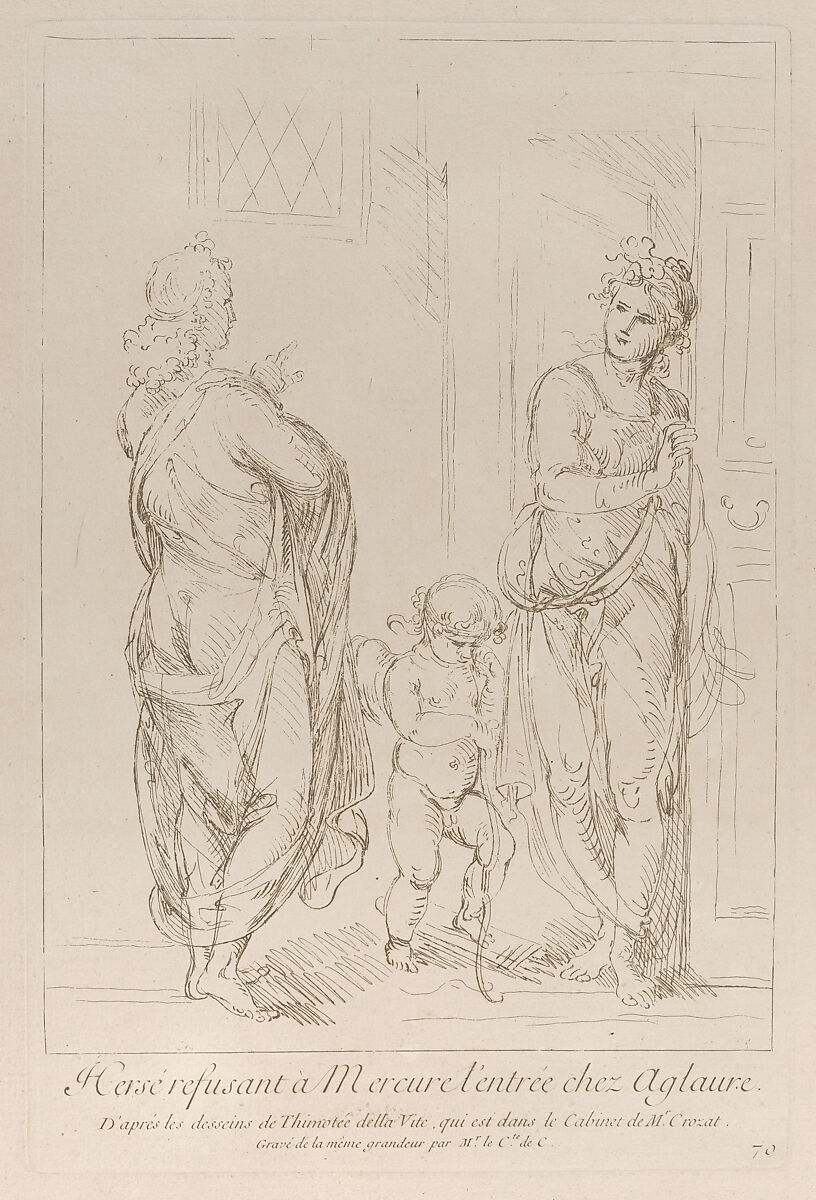 Aglauros preventing Mercury to enter Herse's room, with Cupid at center, Anne Claude Philippe de Tubières, comte de Caylus (French, Paris 1692–1765 Paris), Etching 