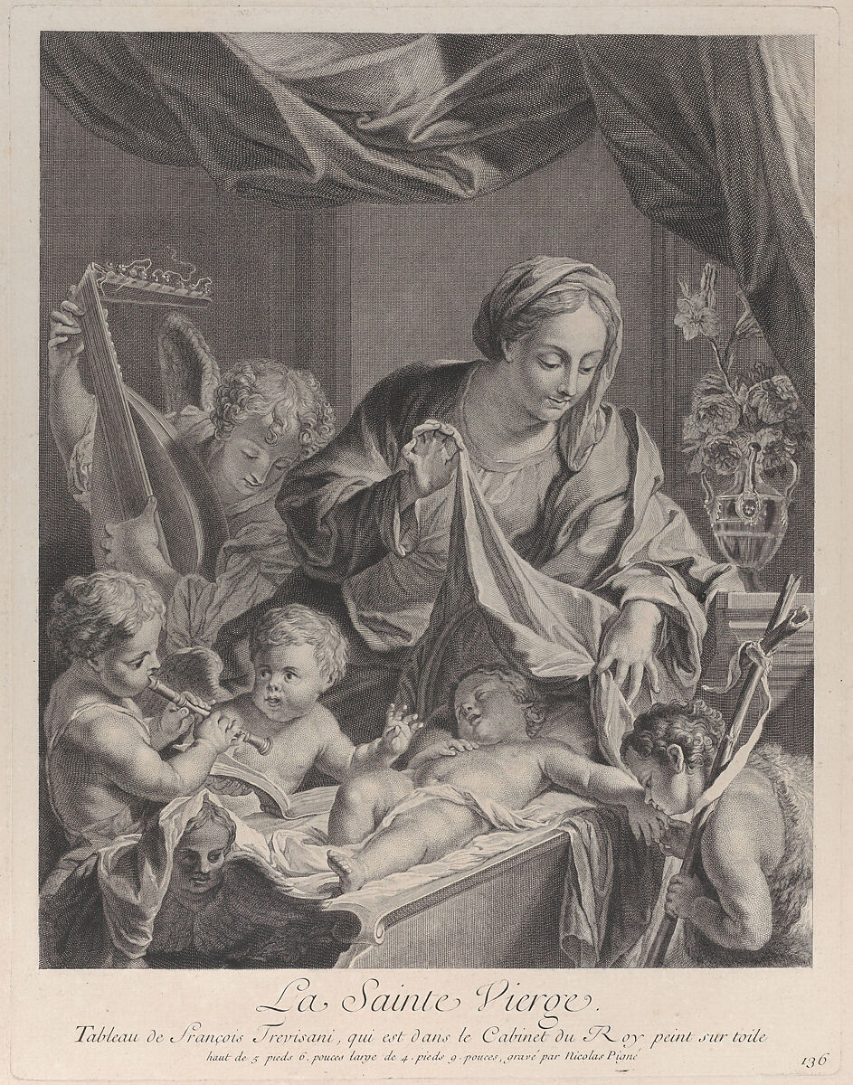 The Virgin holding a cloth above the sleeping Christ child, with musical angels and the infant Saint John the Baptist, Nicolas Pigné (French, born Châlons-sur-Marne, 1700), Etching 