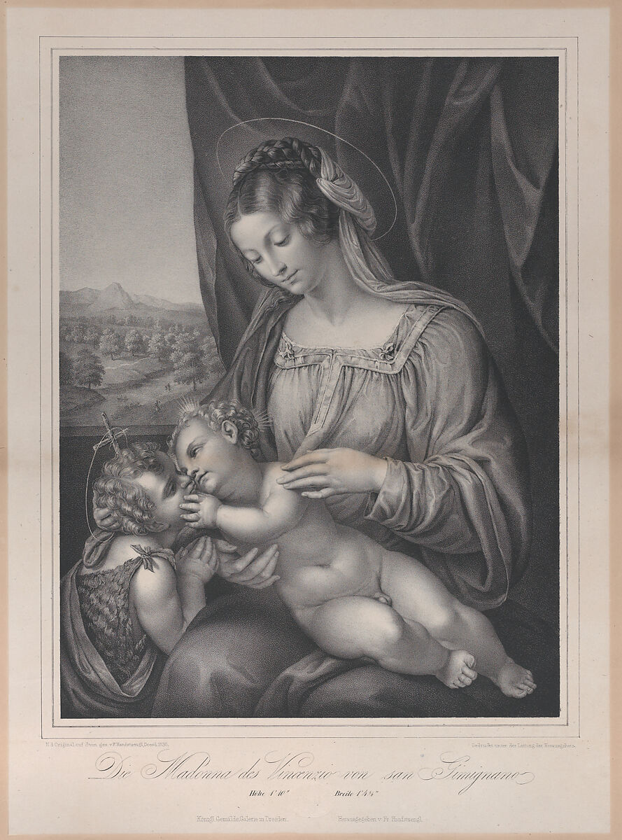 The Virgin and child with the infant Saint John the Baptist, with the Christ child lying on her lap and turning to kiss the Baptist, Franz Hanfstängl (German, 1804–1890), Lithograph 