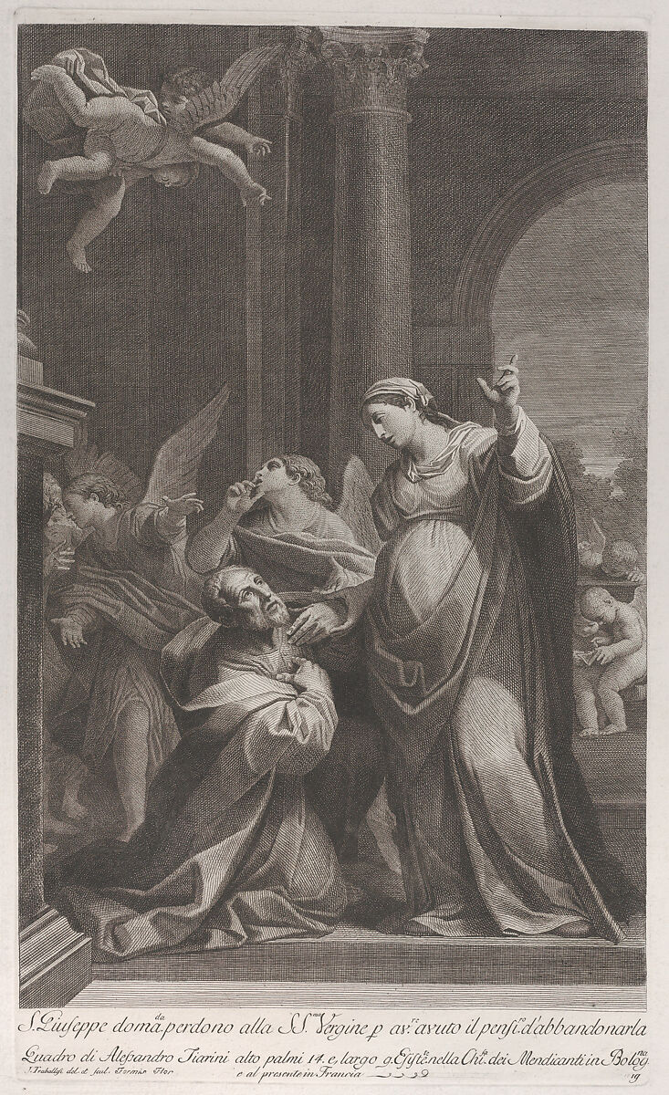 Saint Joseph asking the Virgin's pardon for having thought of deserting her, with angels at left and overhead, Giuliano Traballesi (Italian, Florence 1727–1812 Milan), Etching and engraving 