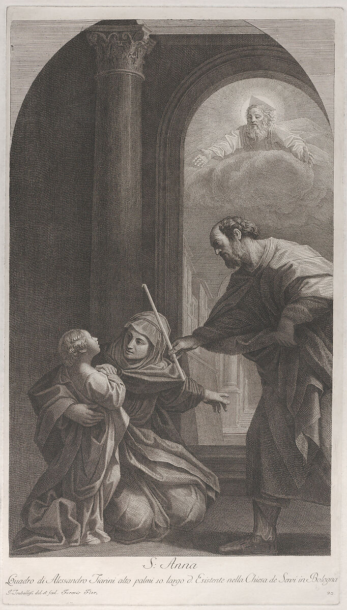 Saint Anne kneeling holding the Virgin, with Saint Joachim holding his staff at right, Giuliano Traballesi (Italian, Florence 1727–1812 Milan), Etching and engraving 