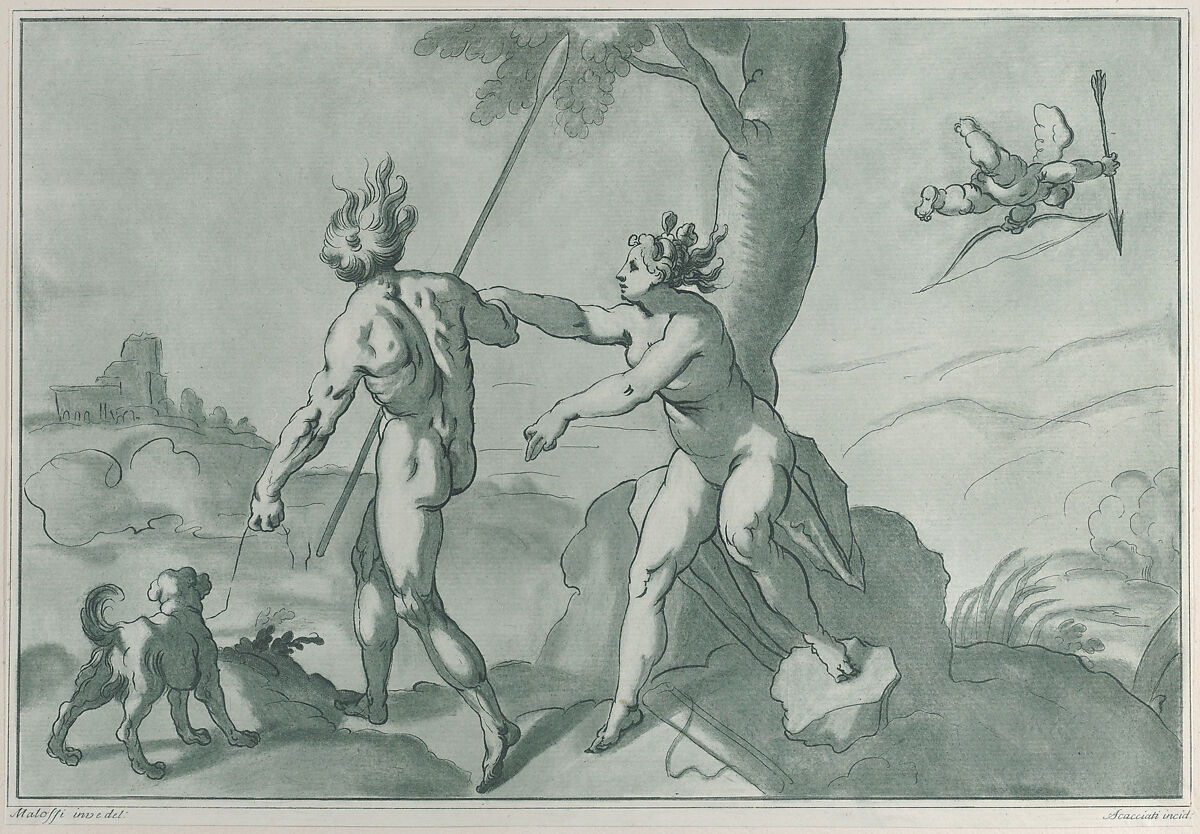 Venus and Adonis (?), nude in a landscape with a dog at left and Cupid at upper right, Andrea Scacciati (Italian, 1725–1771), Etching and aquatint in green 