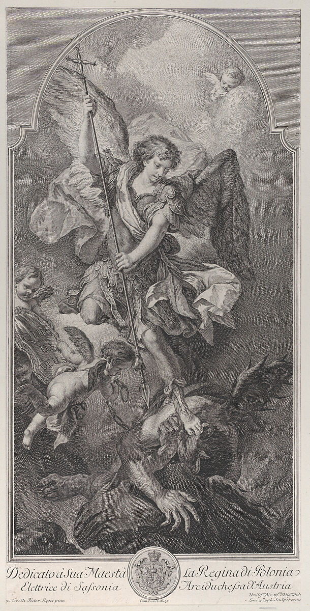 The Archangel Michael defeats Satan, Lorenzo Zucchi (Italian, Venice 1704–1779 Dresden), Etching 