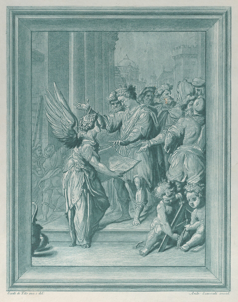 An angel directing the construction of a building, Andrea Scacciati (Italian, 1725–1771), Etching and aquatint in green ink 