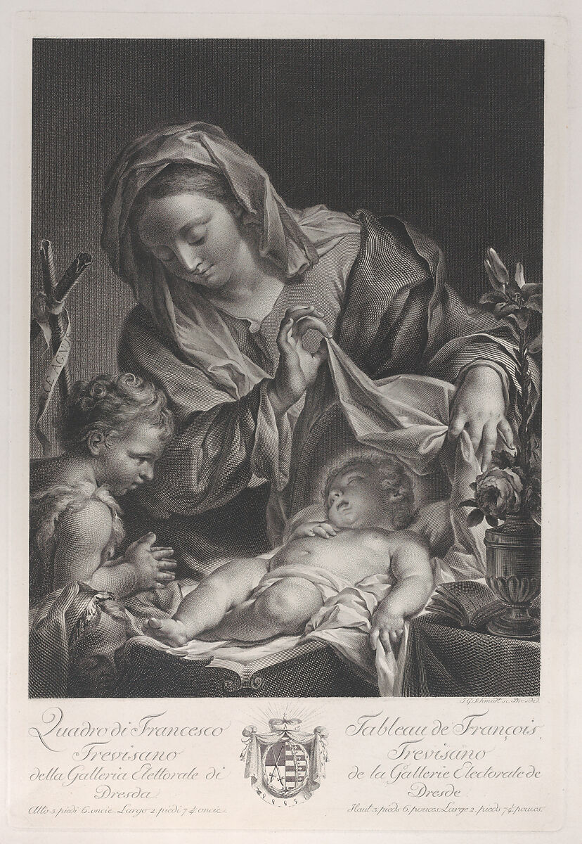 The Virgin and child with the infant Saint John the Baptist, with the Christ child lying on her lap and turning to kiss the Baptist, Johann Gottlieb Schmidt (German, ca. 1742–1800 Berlin), Lithograph 