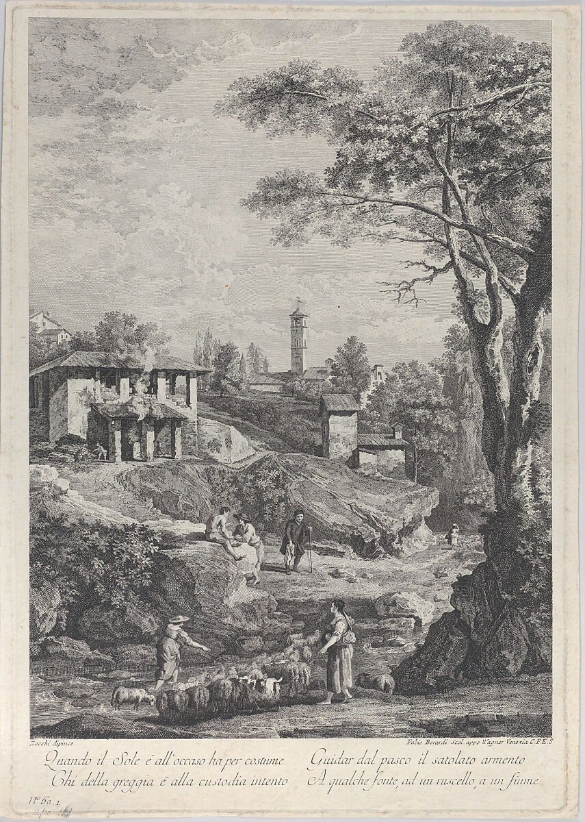 Landscape with shepherds, houses and a tower in the distance, Fabio Berardi (Italian, Siena 1728–1788 Venice), Etching 