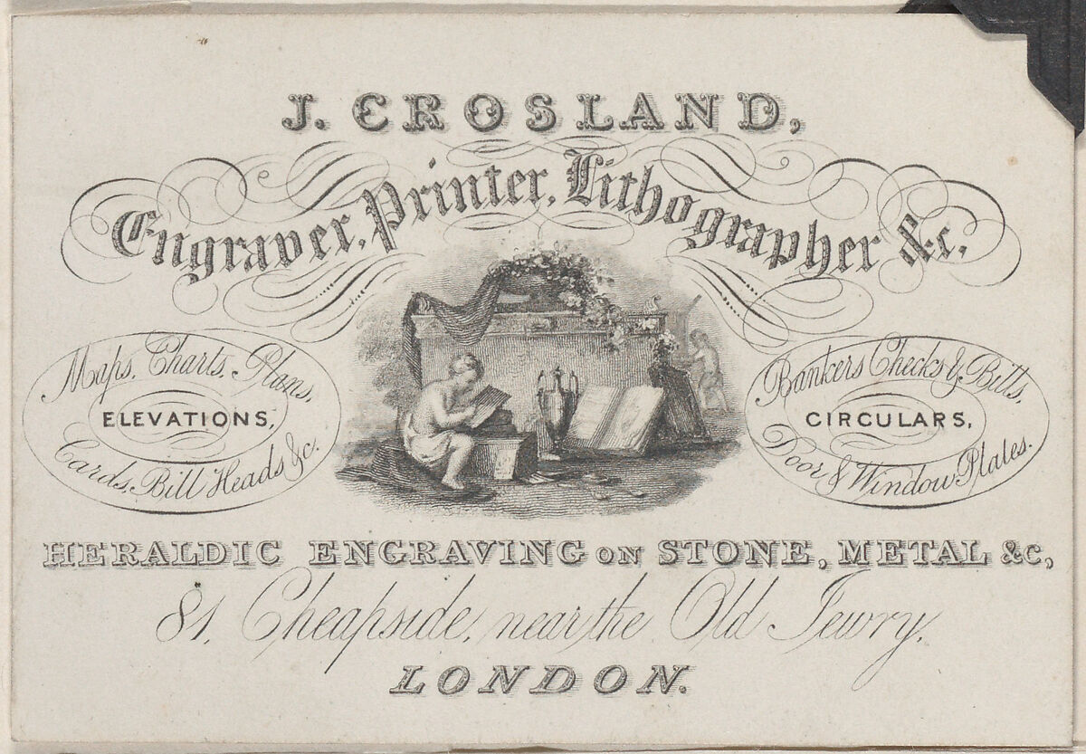 Trade Card for J. Crosland, Engraver, Printer, and Lithographer, Anonymous, British, 19th century, Engraving 
