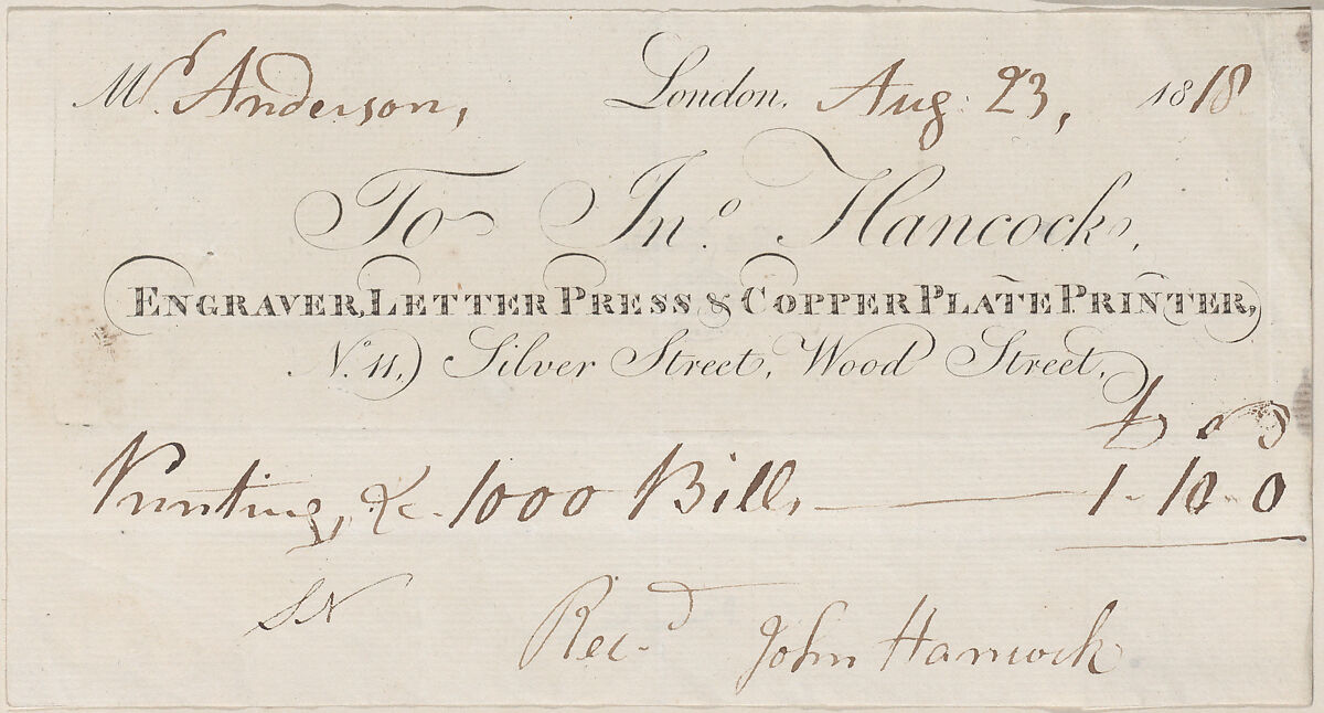 Trade Card for John Hancock, Engraver and Printer, Anonymous, British, 19th century, Engraving 
