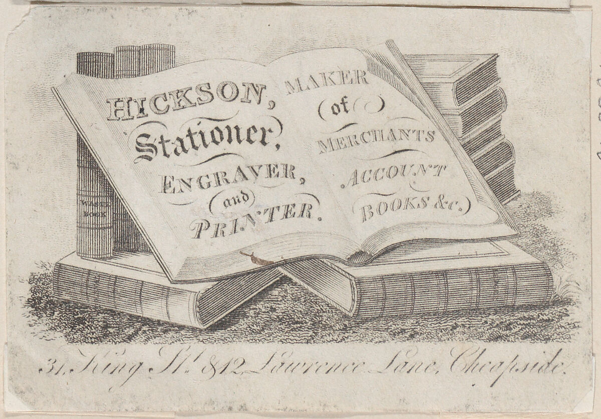 Trade Card for Hickson, Stationer, Engraver, and Printer, Anonymous, British, 19th century, Engraving 