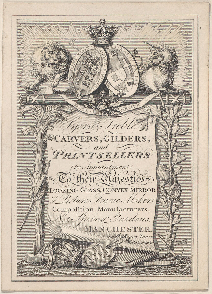 Trade Card for Syers & Treble, Carvers, Gilders, and Printsellers, Anonymous, British, 19th century, Engraving 