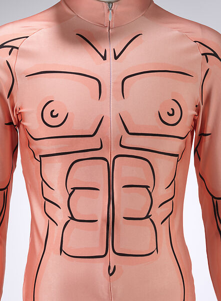 Ensemble, Walter Van Beirendonck (Belgian, born 1957), (a) nylon, elastane, metal, (b) nylon, elastane, (c, d) leather, wood, (e) plastic (polyethylene foam), synthetic fiber, metal, Belgian