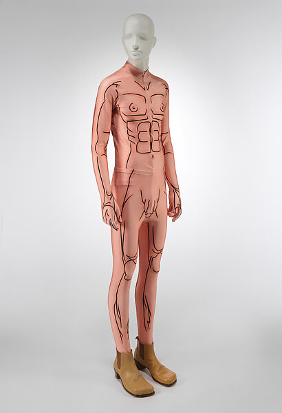 Ensemble, Walter Van Beirendonck (Belgian, born 1957), (a) nylon, elastane, metal, (b) nylon, elastane, (c, d) leather, wood, (e) plastic (polyethylene foam), synthetic fiber, metal, Belgian