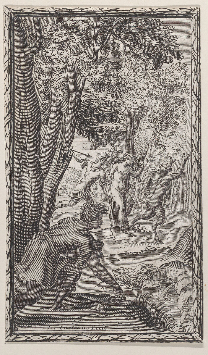 Landscape with a man driving a satyr away from a nymph bound to a tree, Louis Cossin (French, Troyes 1627–1704 Paris), Engraving 