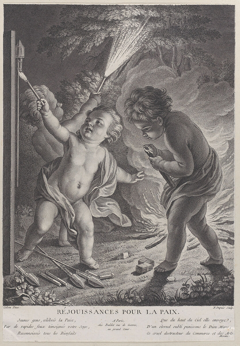 Celebrating Peace (Réjouissances pour la paix), three putti with fireworks, Nicolas Gabriel Dupuis (French, Paris 1698–1771 Paris), Etching and engraving 