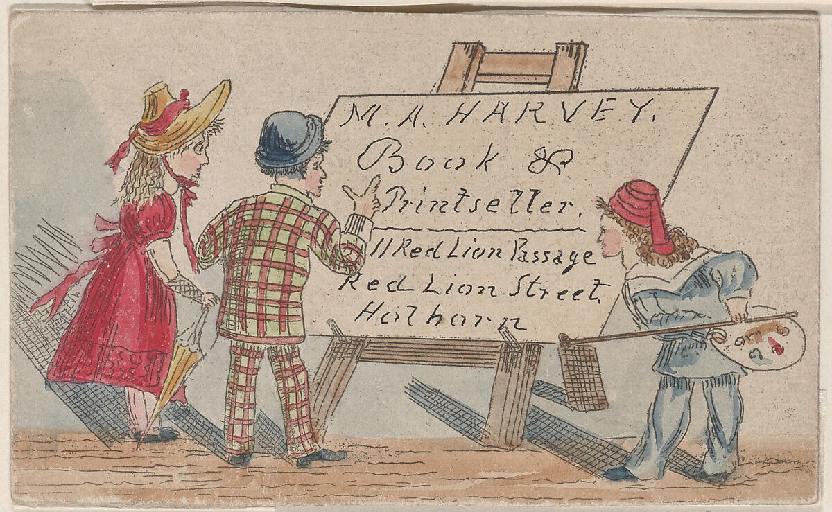 Trade card for M.A. Harvey, Book and Printseller, Anonymous, British, 20th century, Engraving 