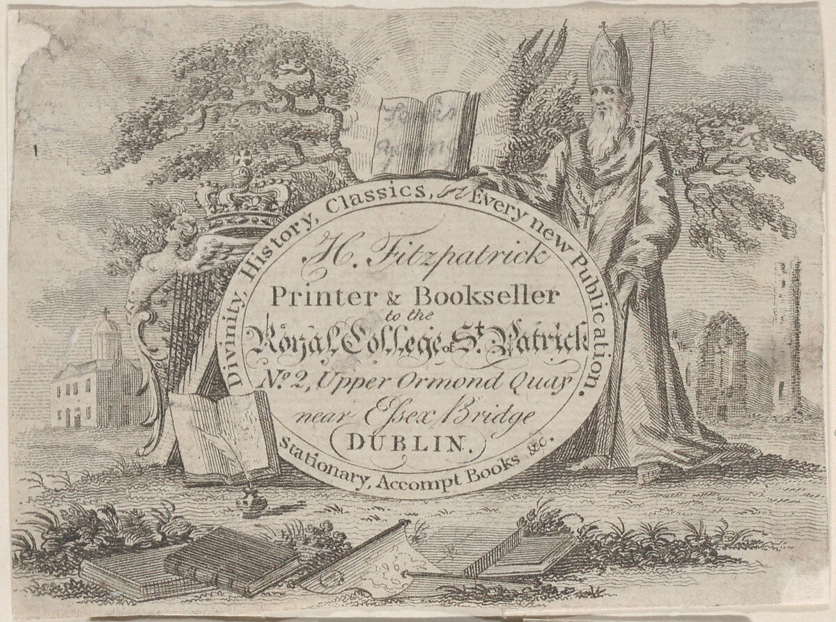 Trade Card for H. Fitzpatrick, Printer and Bookseller, Anonymous, Irish, 19th century, Engraving 