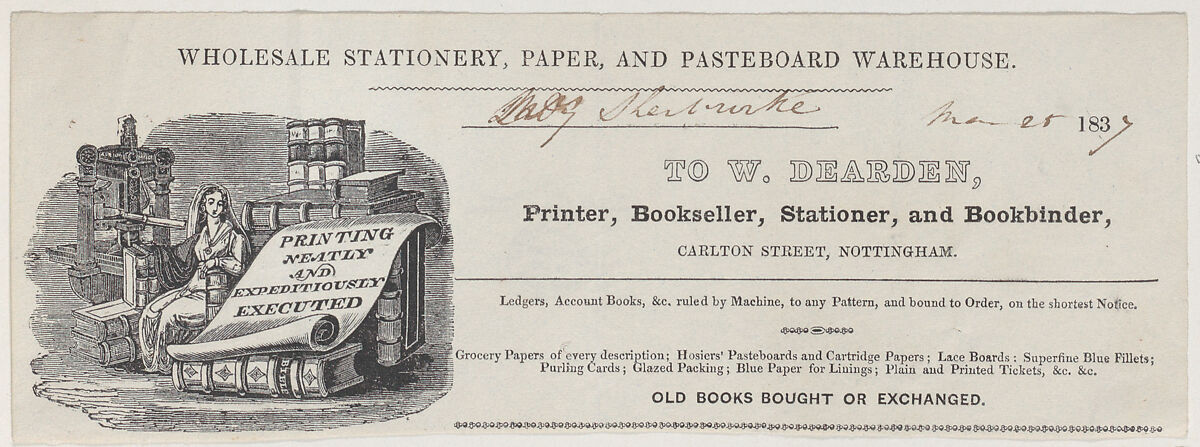 Trade Card for W. Dearden, Printer, Bookseller, Stationer, and Bookbinder, Anonymous, British, 19th century, Engraving 