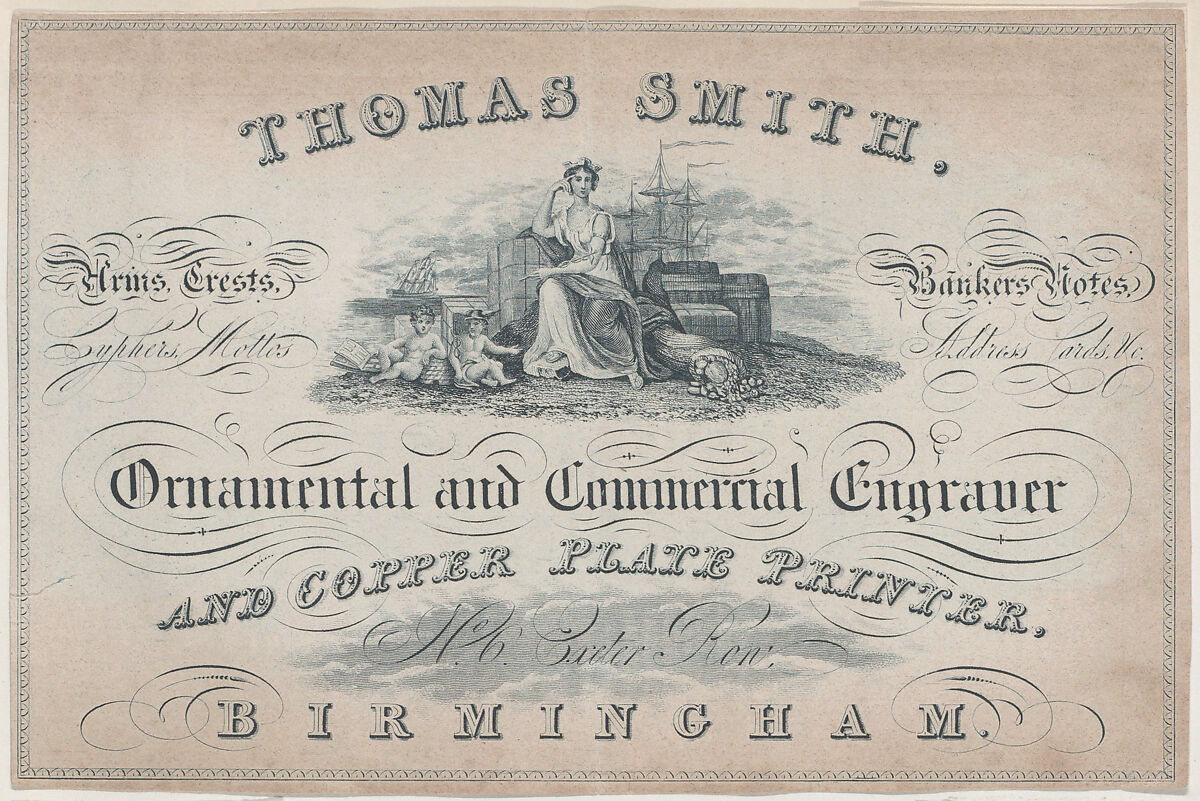 Trade Card for Thomas Smith, Engraver and Printer, Anonymous, British, 19th century, Engraving 