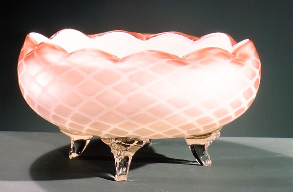 Bowl, Probably Stevens and Williams, Blown satin white and cranberry opaque and colorless glass, British 