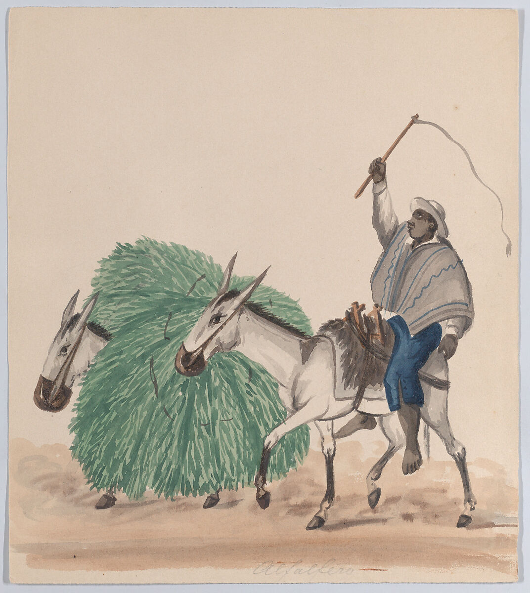 A man riding a mule, his whip raised, another mule loaded with grass alongside, from a group of drawings depicting Peruvian dress, Attributed to Francisco (Pancho) Fierro (African Peruvian, 1807–1879), Watercolor 