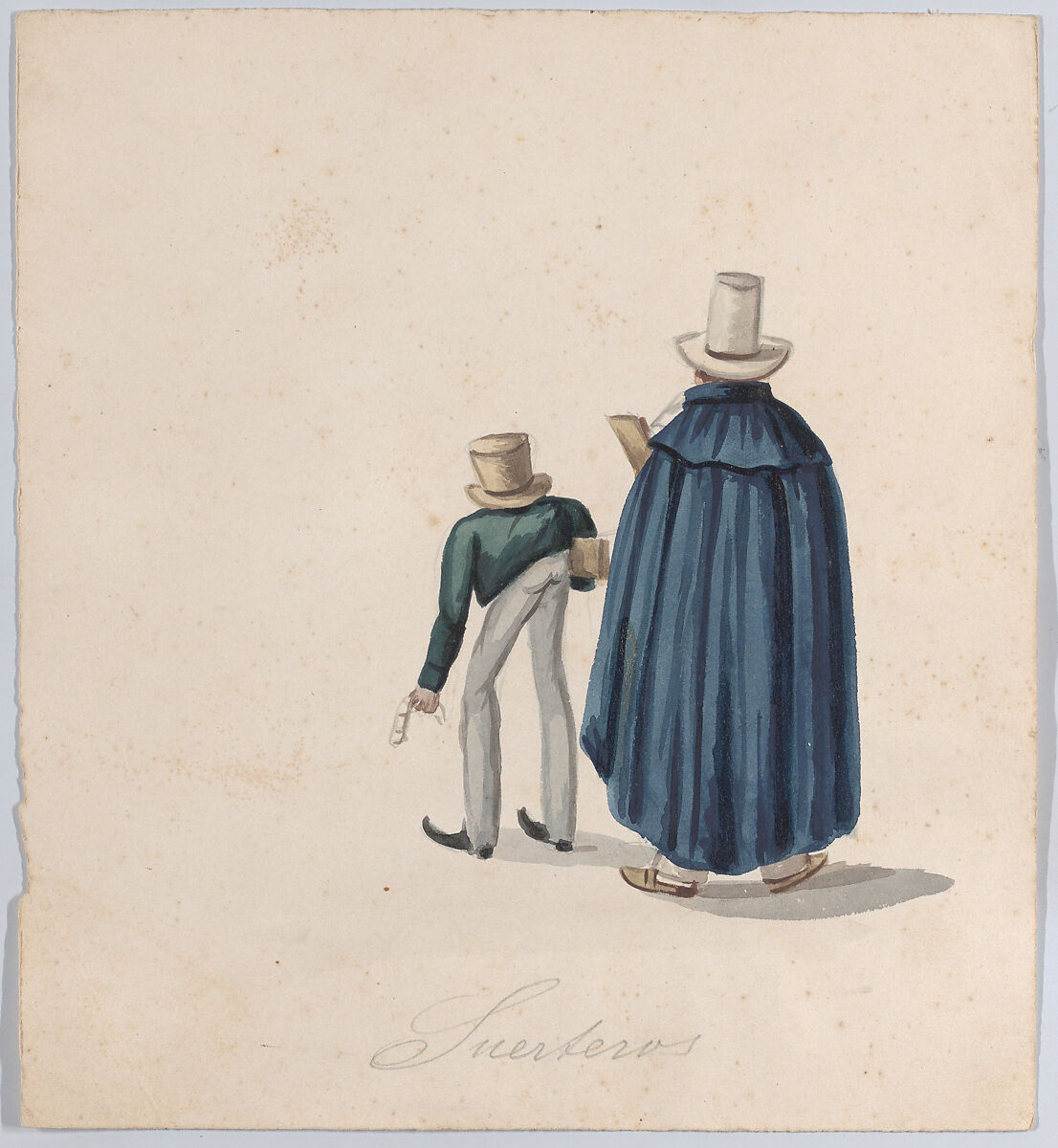 Two fortune tellers (?) wearing top hats viewed from behind, from a group of drawings depicting  Peruvian dress, Attributed to Francisco (Pancho) Fierro (African Peruvian, 1807–1879), Watercolor 