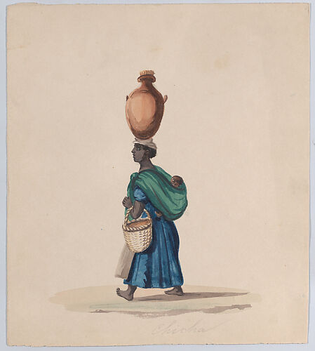 A woman carrying a vessel on her head and a child on her back, from a group of drawings depicting Peruvian dress