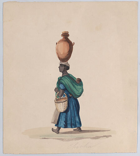 A woman carrying a vessel on her head and a child on her back, from a group of drawings depicting Peruvian dress