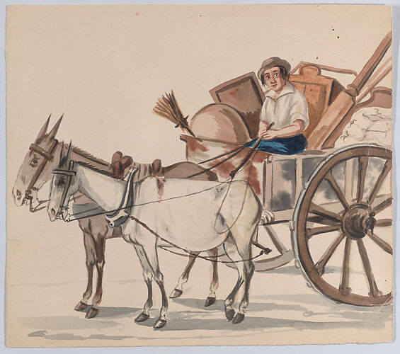 A man driving a cart pulled by mules, from a group of drawings depicting Peruvian dress