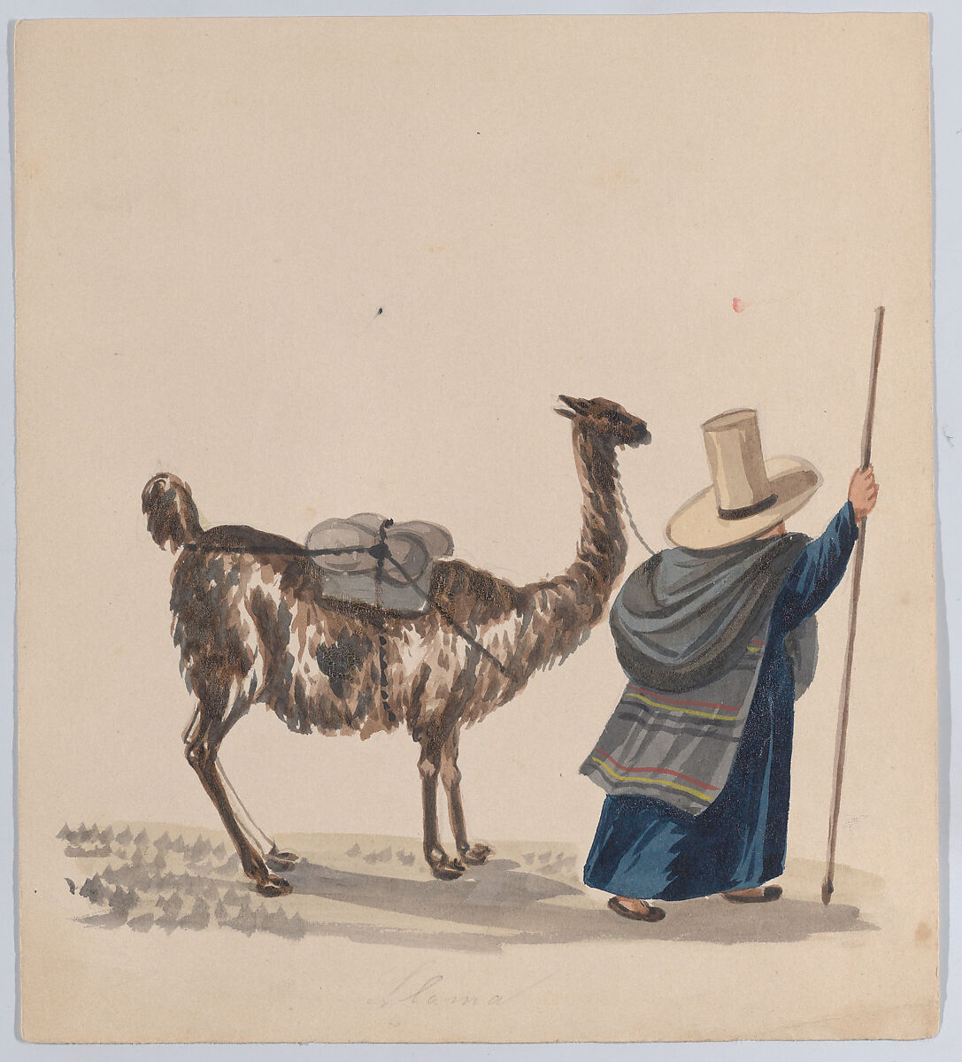 A woman walking with a Llama, from a group of drawings depicting Peruvian dress, Attributed to Francisco (Pancho) Fierro (African Peruvian, 1807–1879), Watercolor 