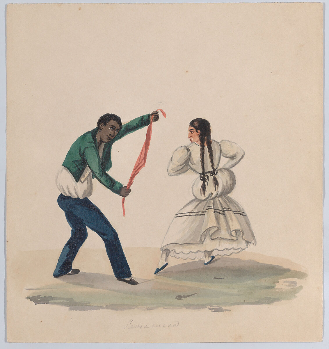 A man and woman dancing the Zamacueca, from a group of drawings depicting Peruvian dress, Attributed to Francisco (Pancho) Fierro (African Peruvian, 1807–1879), Watercolor 