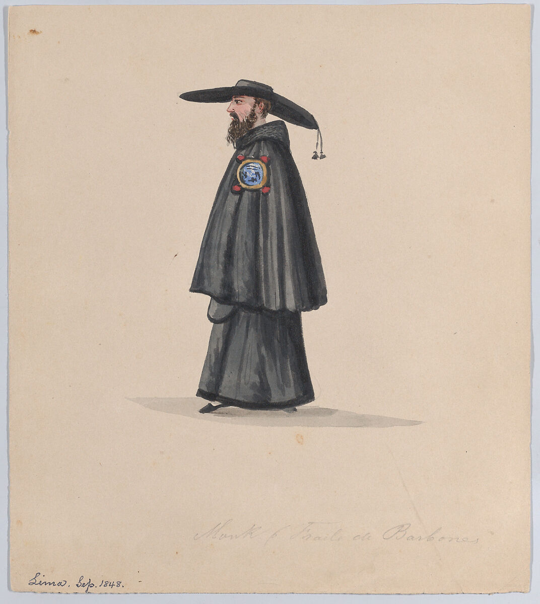 A monk from the order of Barbones, from a group of drawings depicting Peruvian dress, Attributed to Francisco (Pancho) Fierro (African Peruvian, 1807–1879), Watercolor 