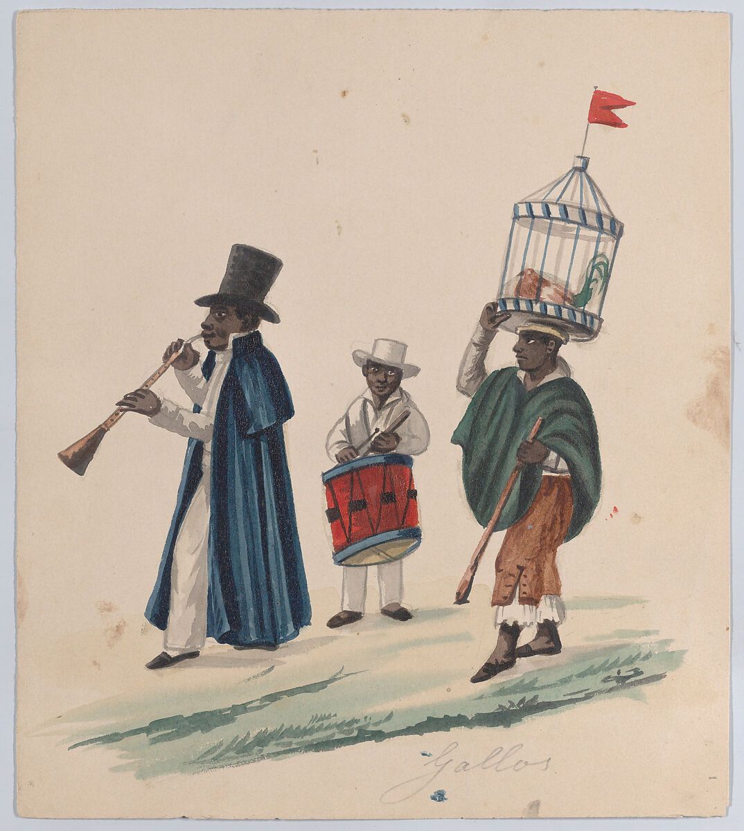Two musicians and a man carrying on his head a rooster in cage, from a group of drawings depicting Peruvian dress, Attributed to Francisco (Pancho) Fierro (African Peruvian, 1807–1879), Watercolor 