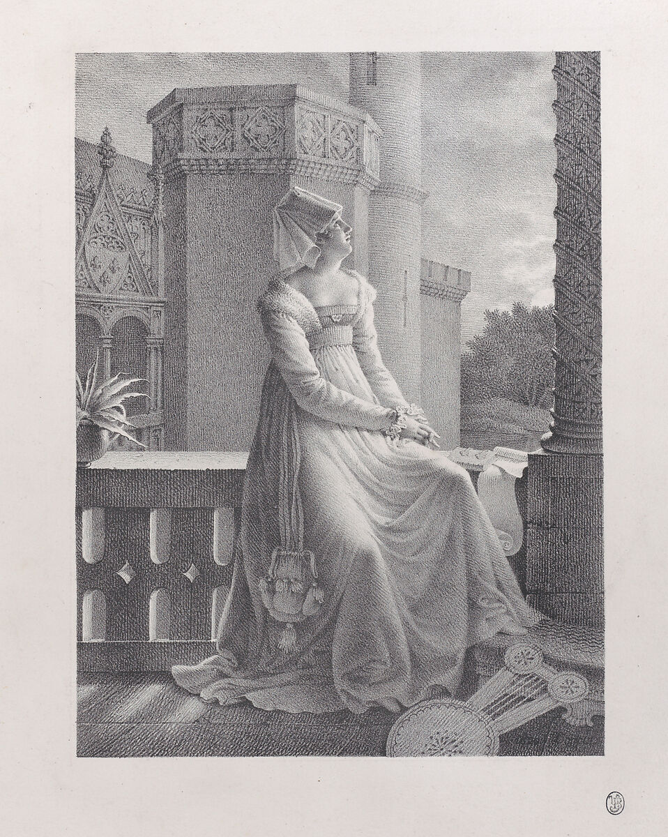 Portrait of Christine de Pisan seated on a balcony, Marie Philippe Coupin de la Couperie (French, Versailles 1773–1851 Versailles), Lithograph 