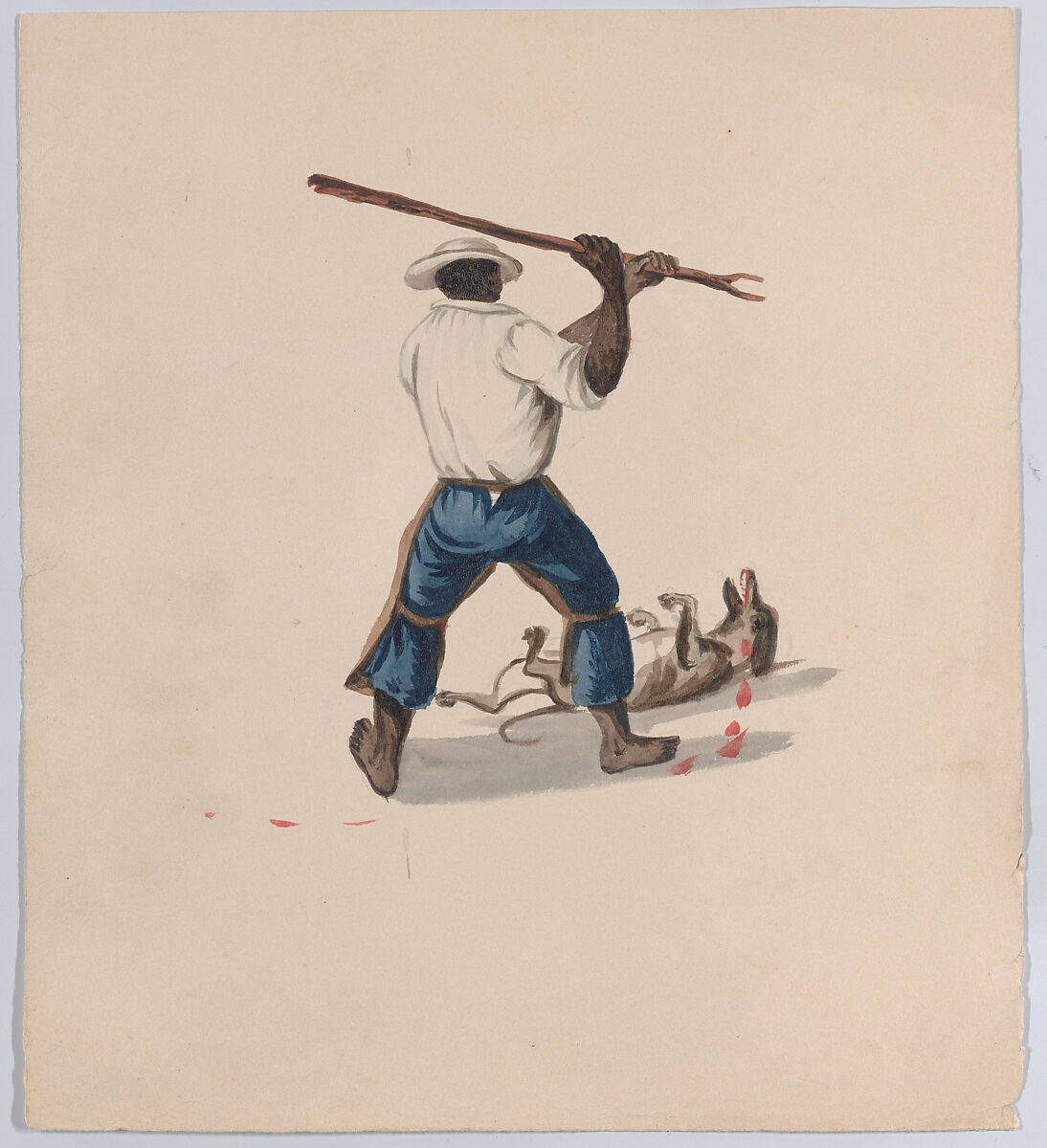 A man viewed from behind beating a dog with a stick, from a group of drawings depicting Peruvian dress, Attributed to Francisco (Pancho) Fierro (African Peruvian, 1807–1879), Watercolor 