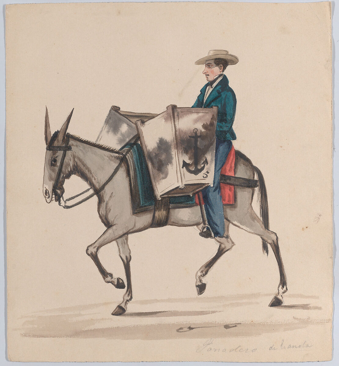 A baker on horseback, from a group of drawings depicting Peruvian dress, Attributed to Francisco (Pancho) Fierro (African Peruvian, 1807–1879), Watercolor 
