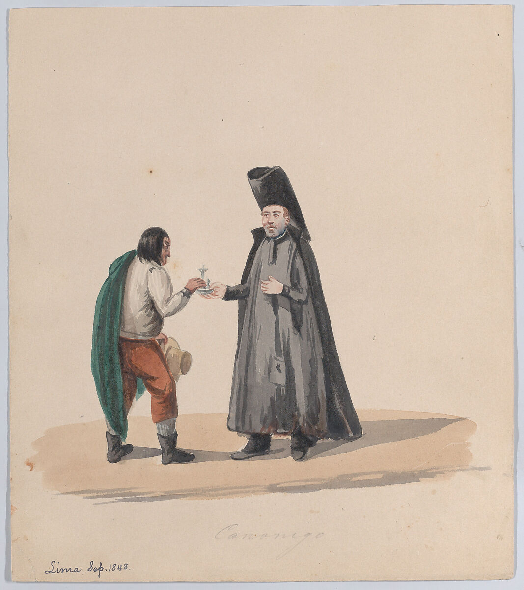 A canon handing a crucifix to a man, from a group of drawings depicting Peruvian dress, Attributed to Francisco (Pancho) Fierro (African Peruvian, 1807–1879), Watercolor 