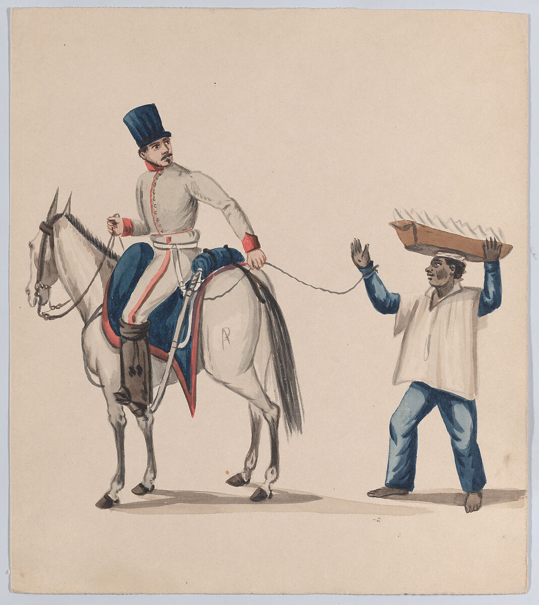 A soldier on horseback holding a rope that secures an enslaved indigenous man who is balancing a basket on his head; from a group of drawings depicting Peruvian dress, Attributed to Francisco (Pancho) Fierro (African Peruvian, 1807–1879), Watercolor 