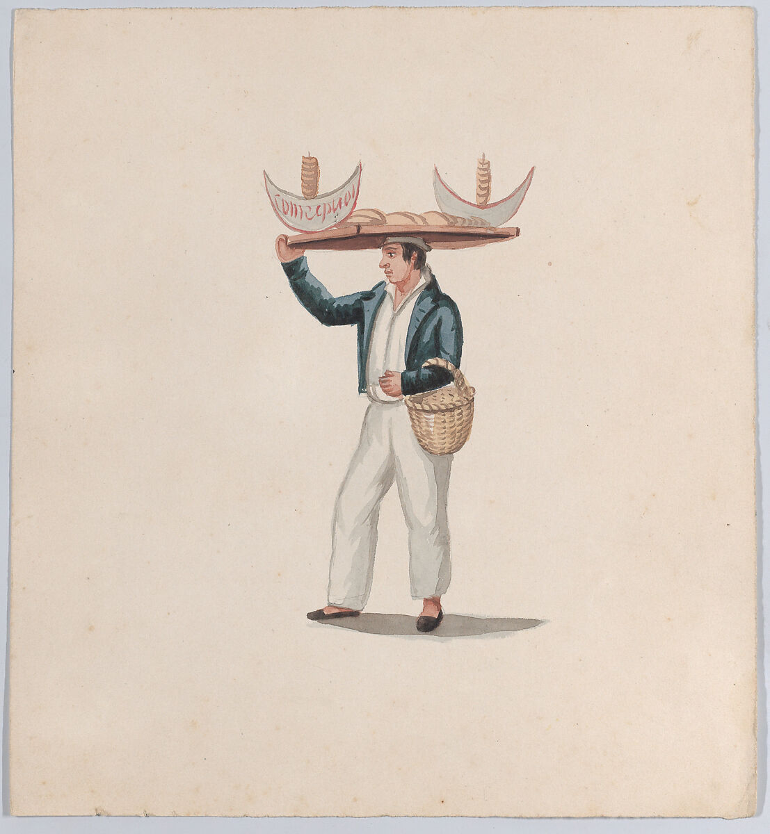 A tortilla vendor balancing a tray on his head, from a group of drawings depicting Peruvian dress, Attributed to Francisco (Pancho) Fierro (African Peruvian, 1807–1879), Watercolor 
