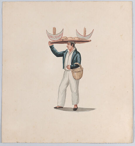 A tortilla vendor balancing a tray on his head, from a group of drawings depicting Peruvian dress
