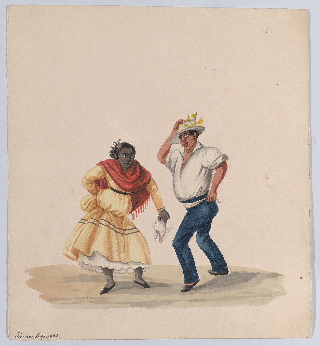 A man and a woman dancing, from a group of drawings depicting Peruvian dress, Attributed to Francisco (Pancho) Fierro (African Peruvian, 1807–1879), Watercolor 